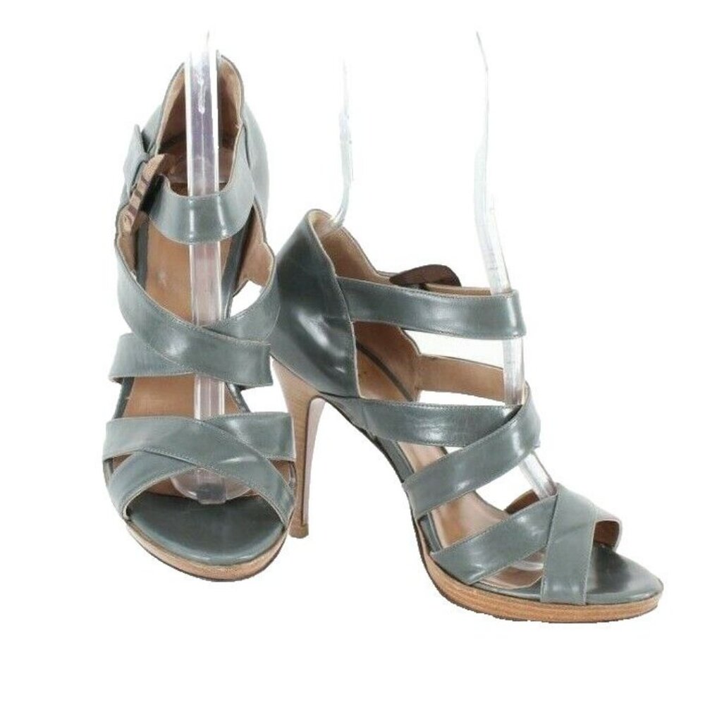 Icone $261 Sz 39 Teal Blue Brown Open Toe Buckle Strappy 4" Heel